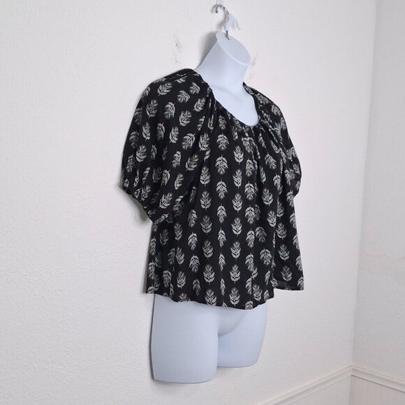 Old Navy Floral Blouse Sz L Puff Sleeve Flowy Tie Back Boho Coastal Neutral - Picture 3 of 13